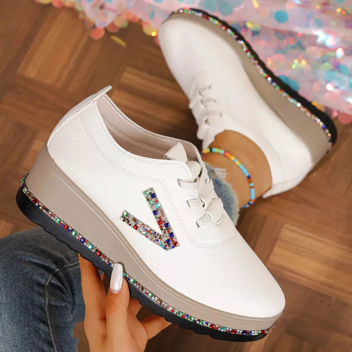 Rhinestone Round Toe Wedge Sneakers by Partner Label