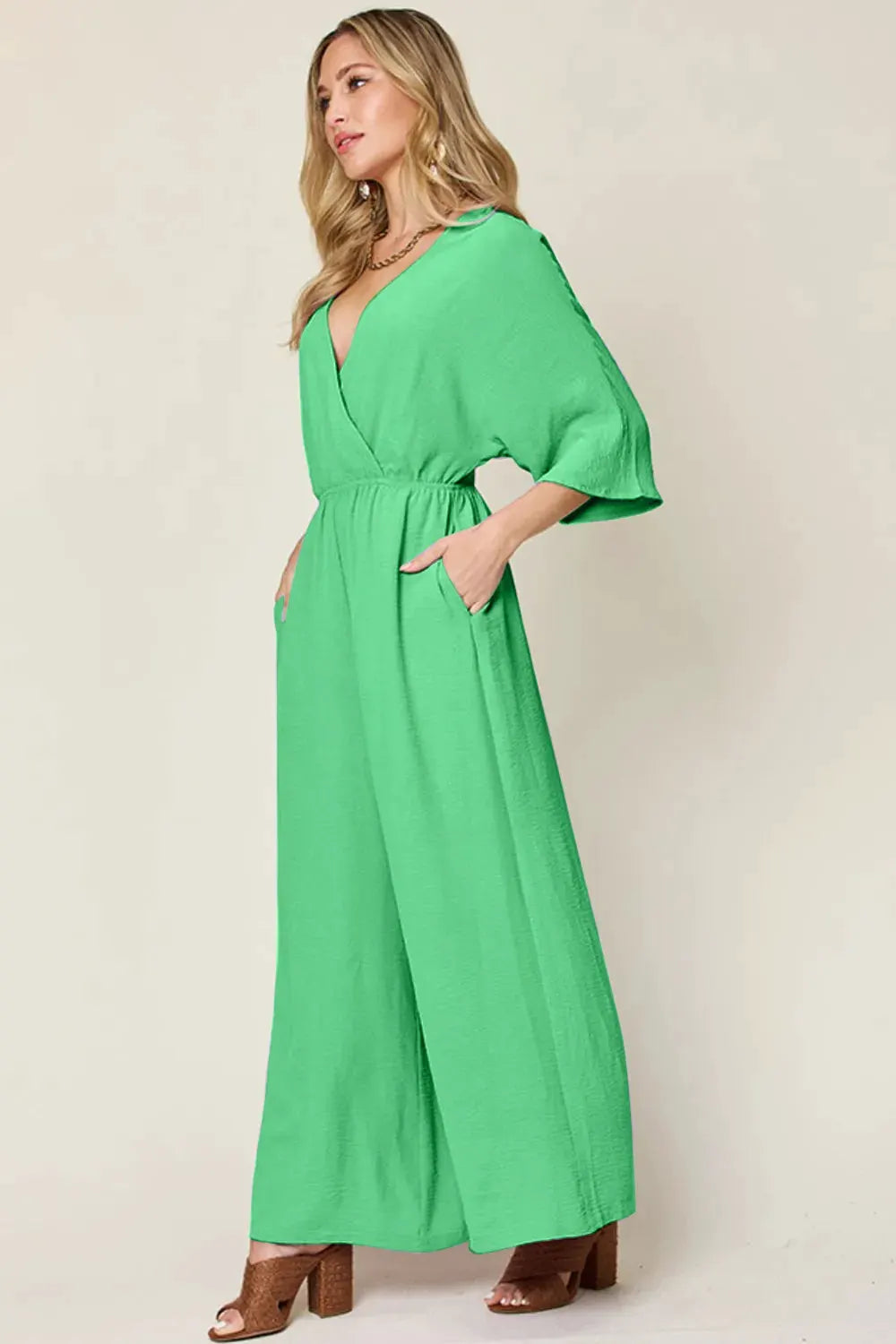 Double Take Full Size Surplice Wide Leg Jumpsuit with Pockets by Double Take
