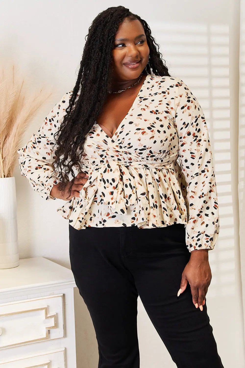 Honey Printed Tied Plunge Peplum Blouse by Honey
