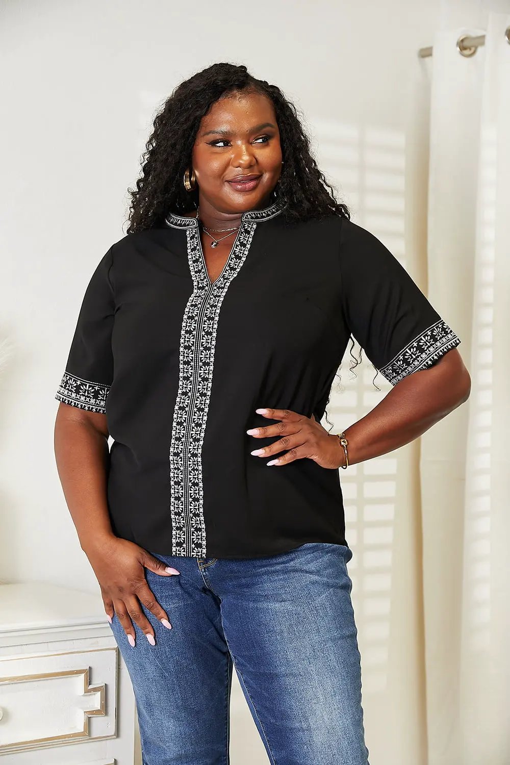 Double Take Embroidered Notched Neck Top by Partner Label