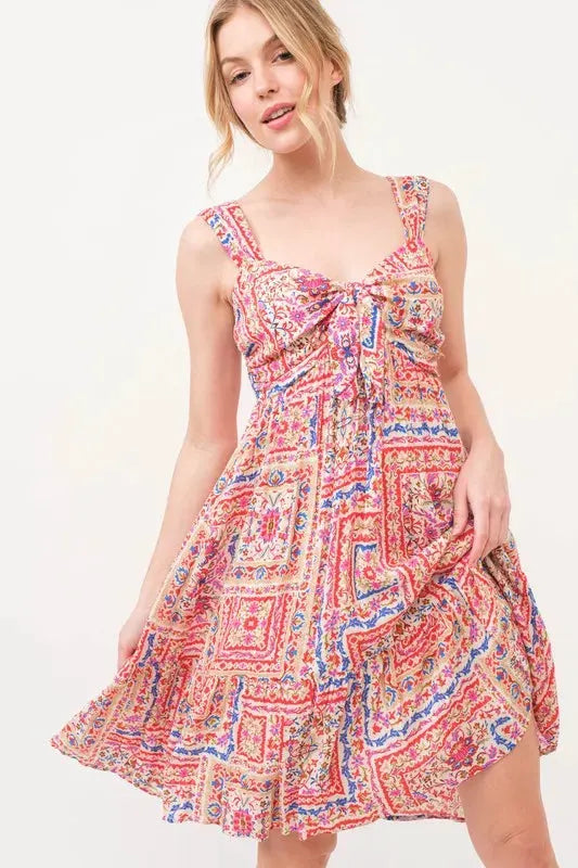 And The Why Tied Front Smocked Back Tiered Boho Printed Dress by And The Why