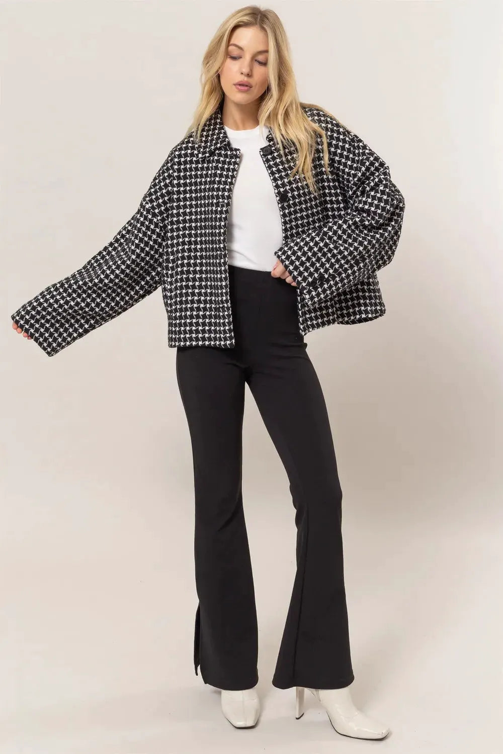 HYFVE Tweed Plaid Button Up Collared Neck Jacket by HYFVE