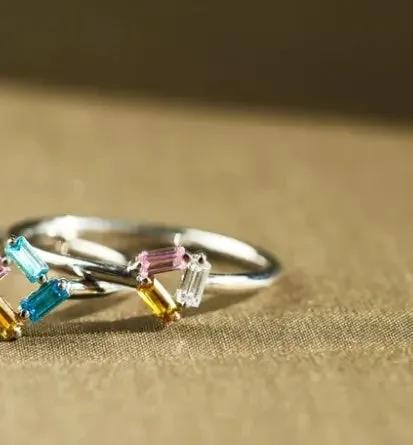 925 Rectangular Birthstone Ring Female Simple Fashion 3-6 Diamond Color Optional Customization by Maiden-Art