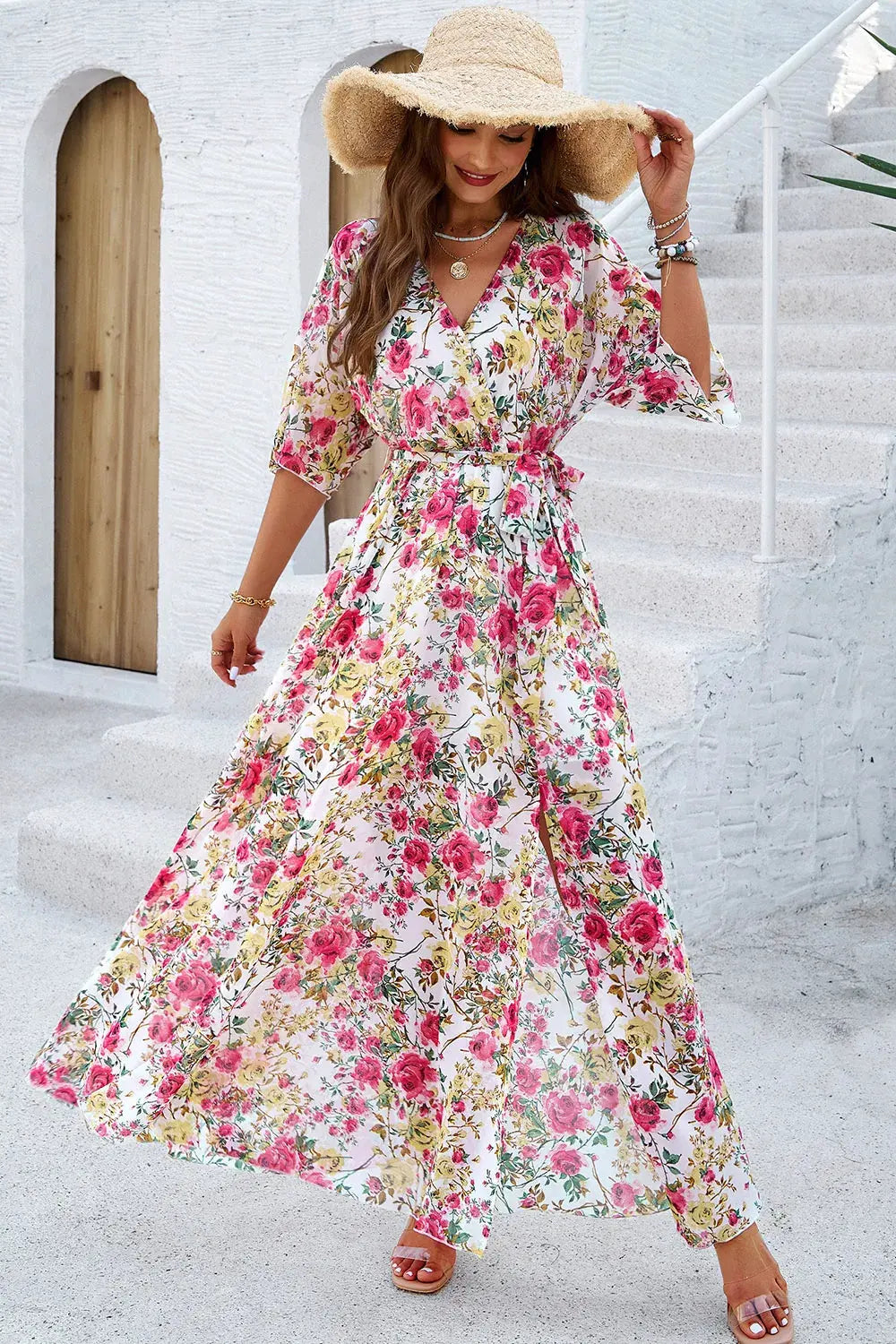 Devine Printed Tied Half Sleeve Slit Dress by Devine