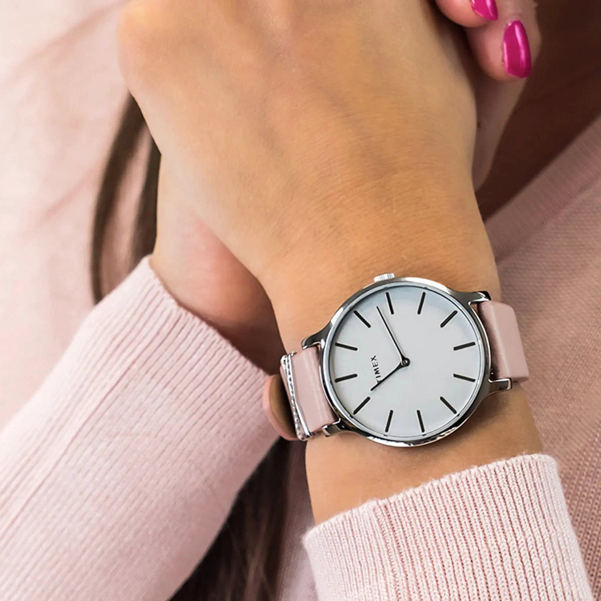 Timex Women's Pink Leather Watch, White Dial | Tw2t47900 by TIMEX