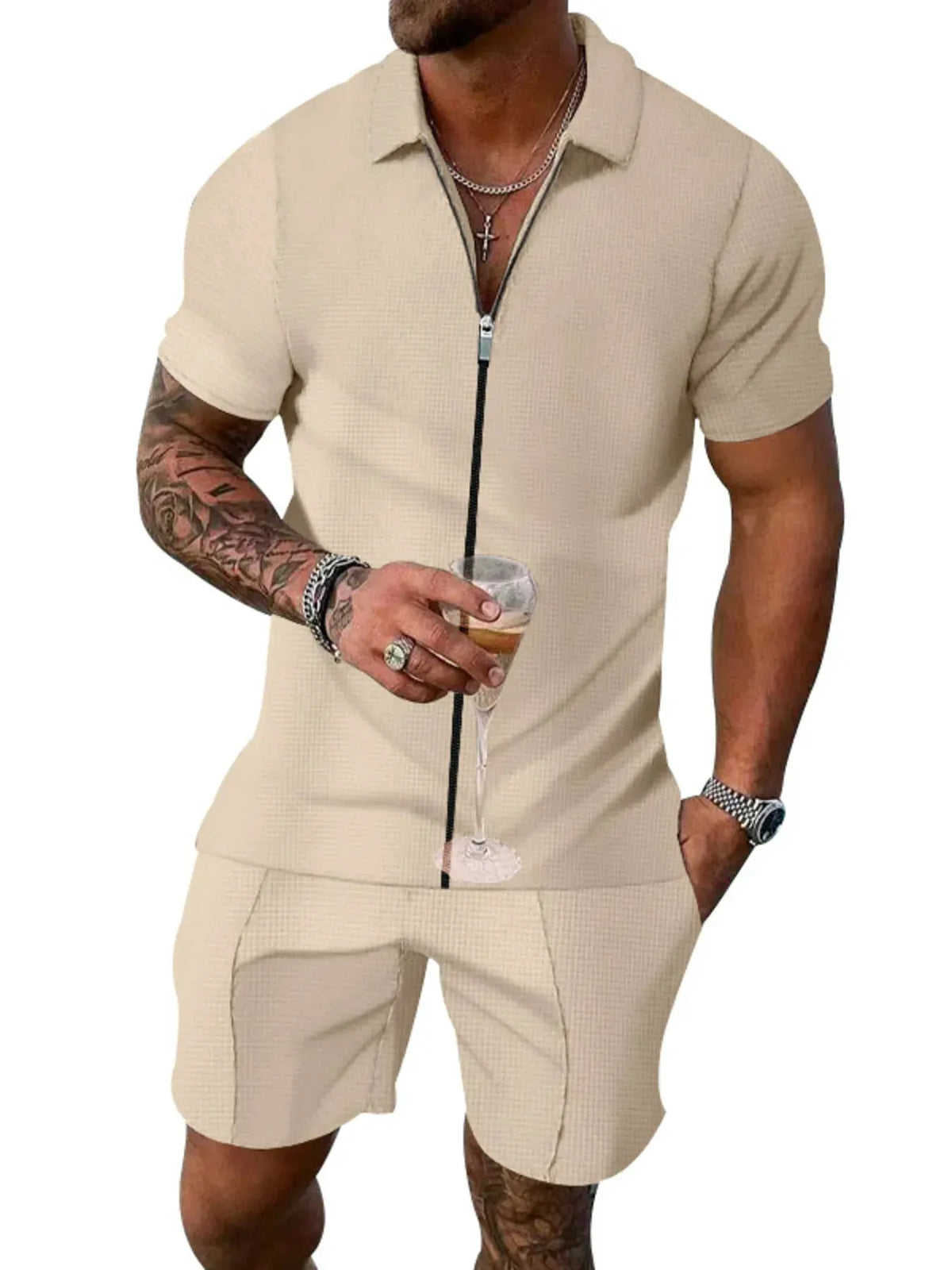 Men's Plus Size Zip Up Short Sleeve Top and Shorts Set by Trendsi
