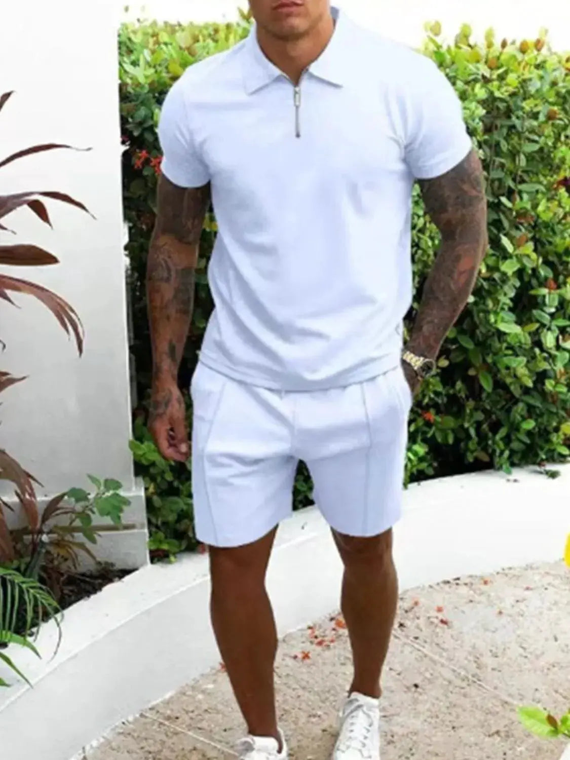 Men's Full Size Collared Neck Short Sleeve Top and Shorts Set Plus Size by Trendsi