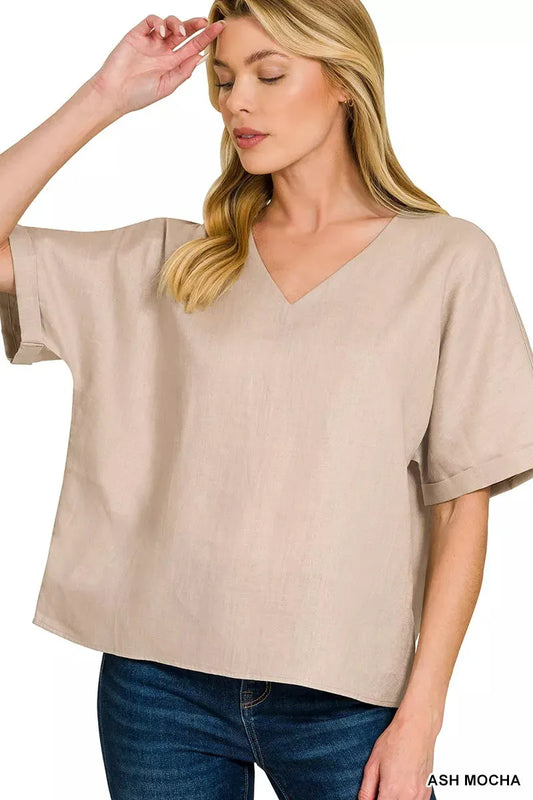 Zenana Linen V-Neck Cuffed Sleeve Top by Zenana