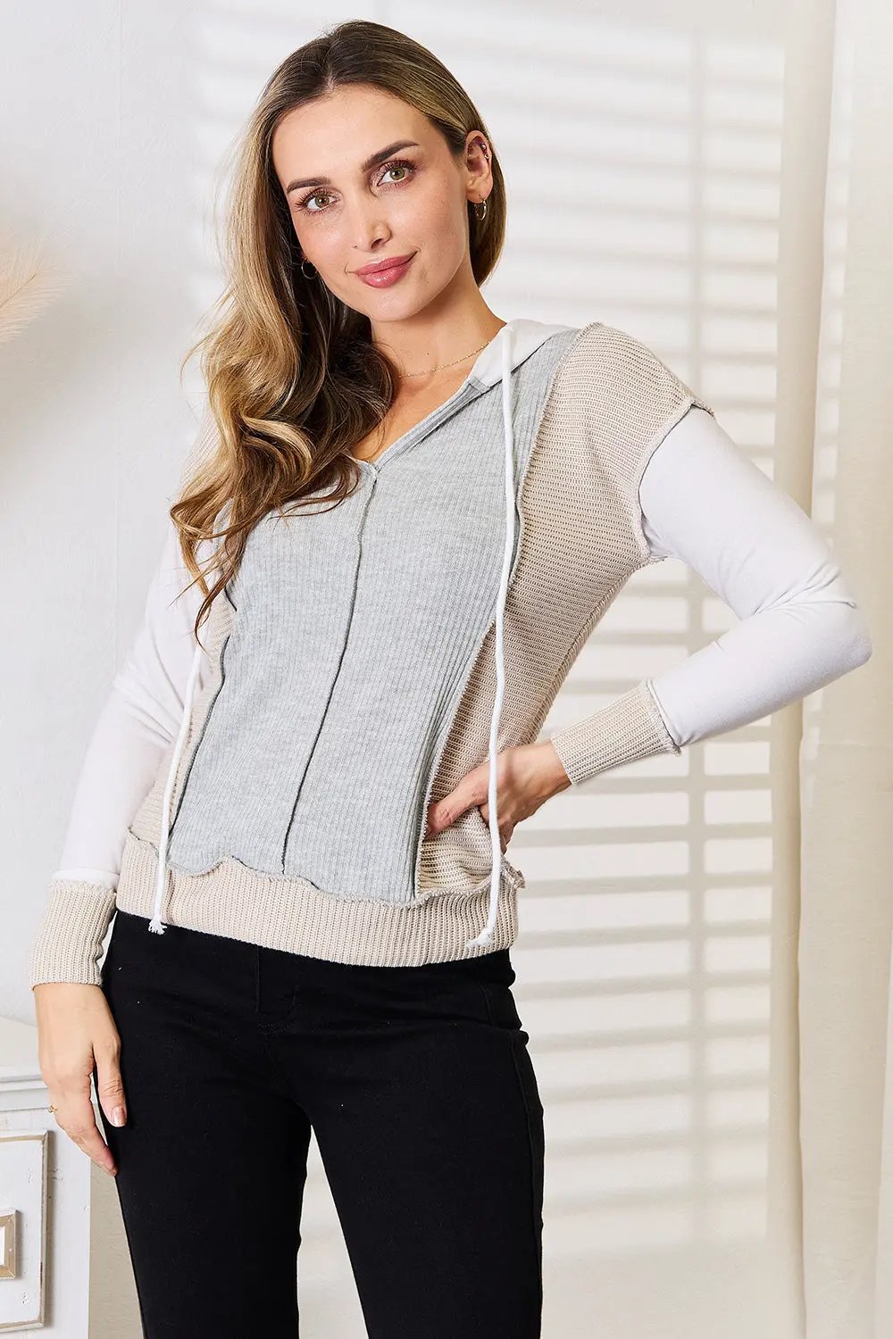Double Take Color Block Exposed Seam Drawstring Hoodie by Double Take