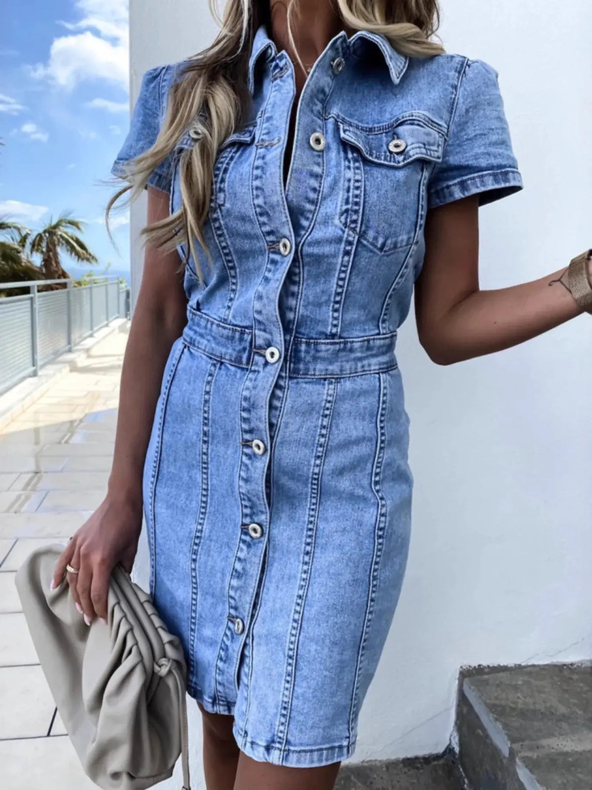 Button Front Short Sleeve Denim Dress by Partner Label