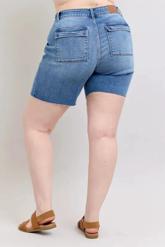 Judy Blue Full Size Mid Rise Bermudas Denim Shorts W/ Back Flap Pockets Plus Size by Judy Blue