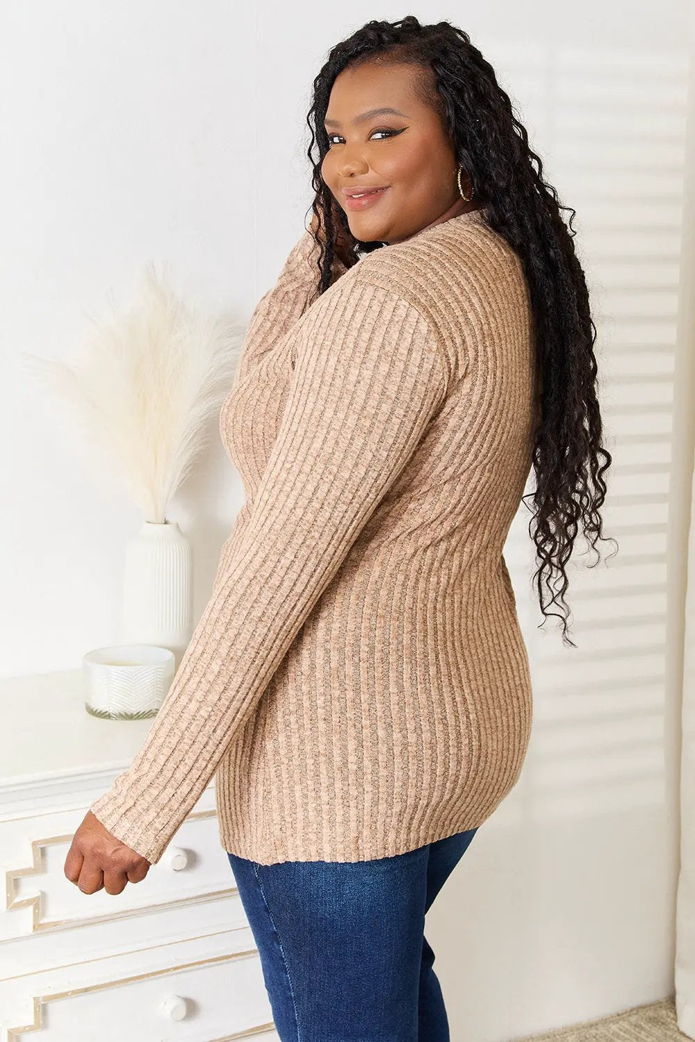 Double Take Notched Neck Ribbed Long Sleeve T-Shirt by Double Take
