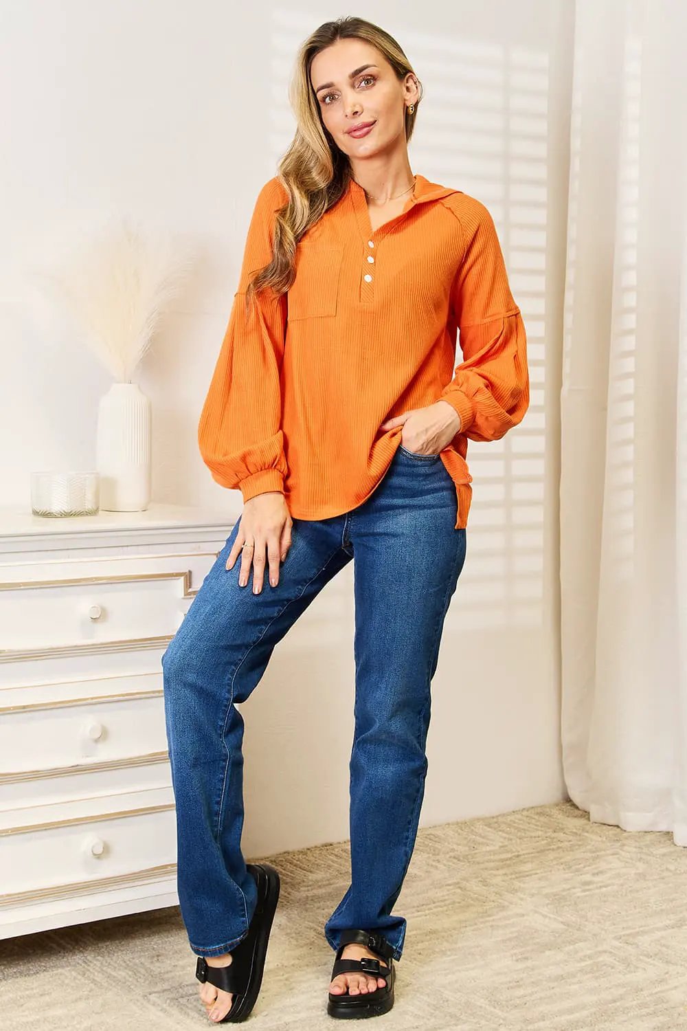 Basic Bae Side Slit Buttoned Waffle Knit Hoodie by Basic Bae