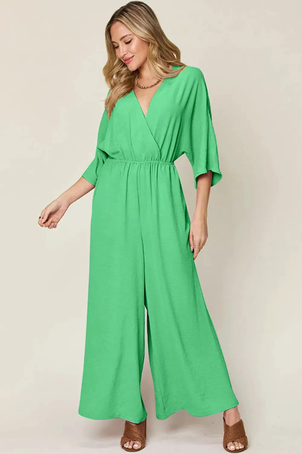 Double Take Full Size Surplice Wide Leg Jumpsuit with Pockets by Double Take
