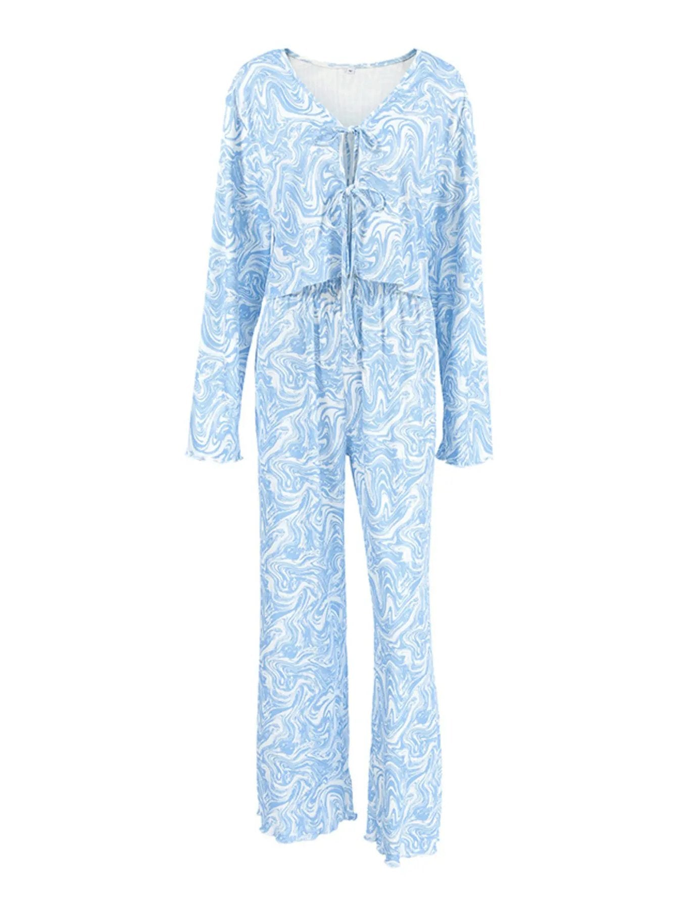 Tie Front Long Sleeve Top and Pants Lounge Set by Partner Label