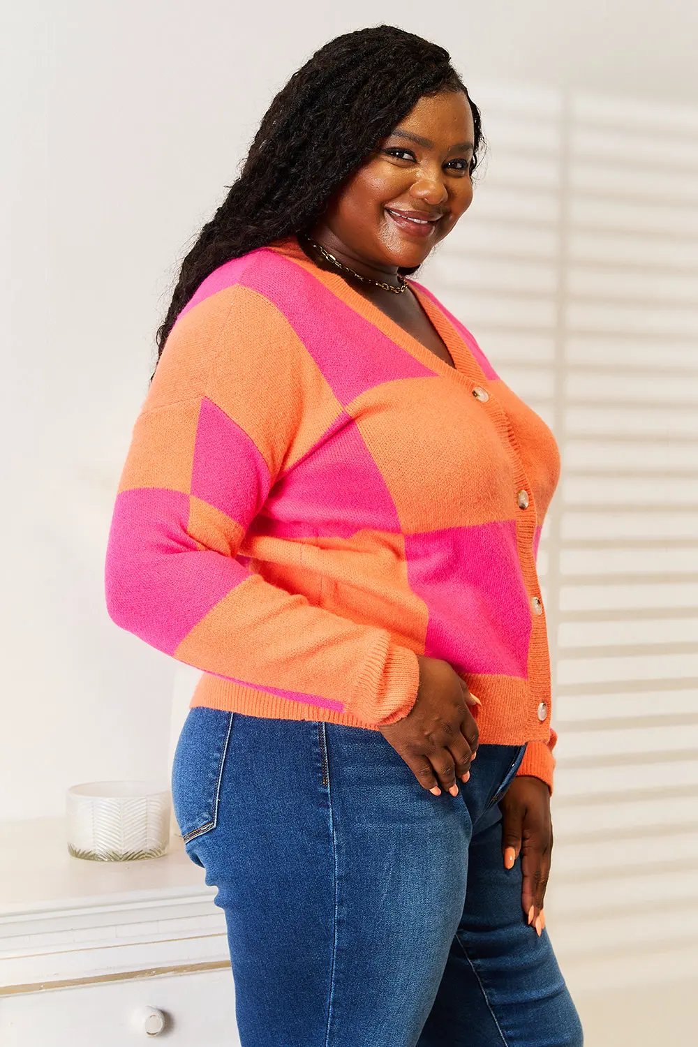 Angel Wings Woven Right Checkered V-Neck Dropped Shoulder Cardigan by Angel Wings