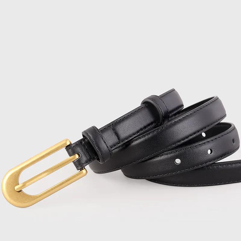 Gold Buckle Skinny Leather Belt by Trendsi