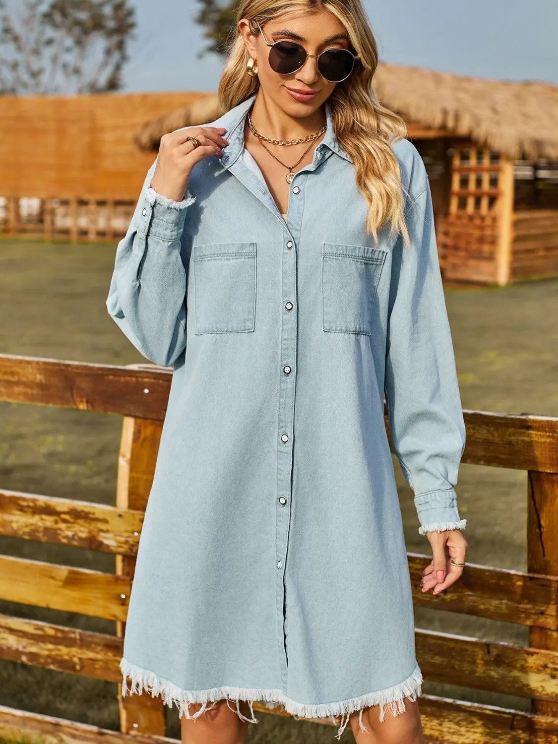 Button Up Collared Neck Raw Hem Denim Dress by Partner Label