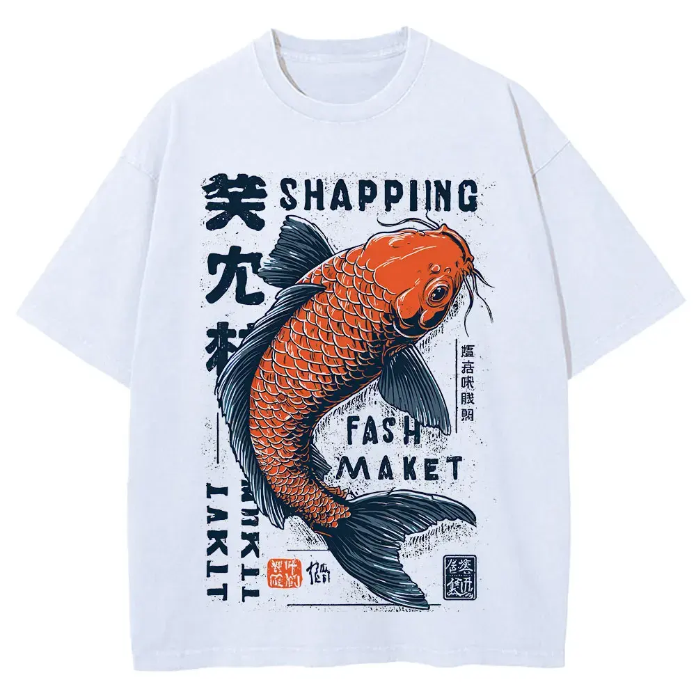Men Summer Japanese Koi Fish Print Short Sleeve T Shirt Navy Blue by Vimost Shop