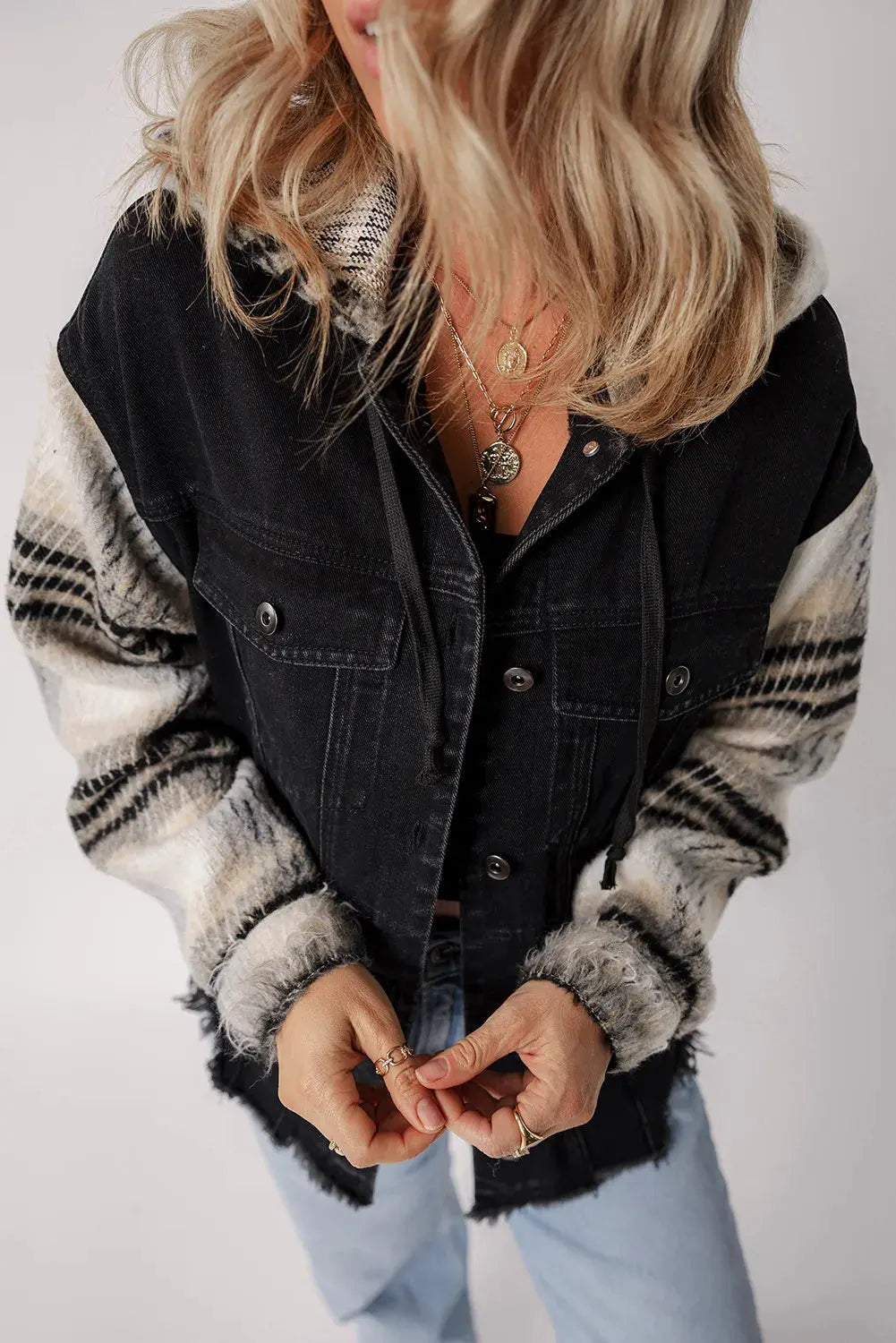 Drawstring Raw Hem Button Up Hooded Denim Jacket by Partner Label