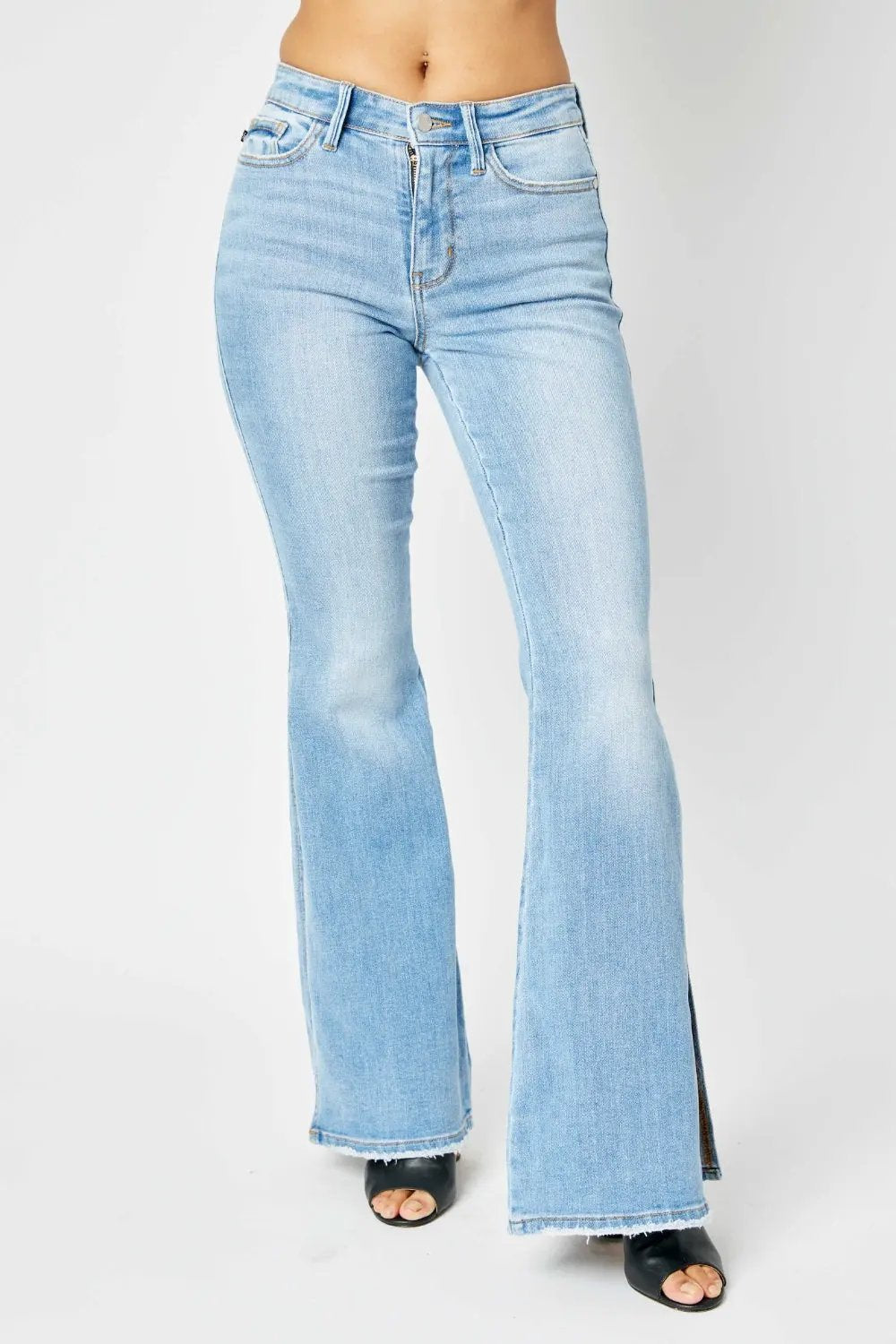Judy Blue Full Size Mid Rise Raw Hem Slit Flare Jeans by Judy Blue