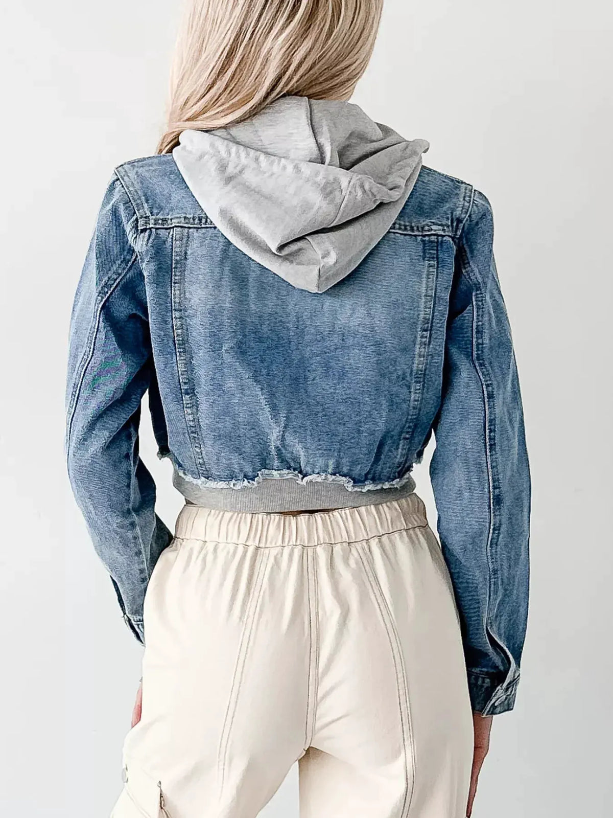Distressed Zip Up Cropped Hooded Denim Jacket by Partner Label