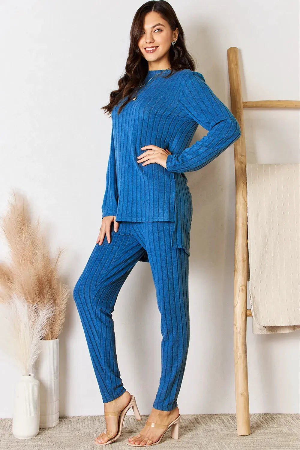 Basic Bae Full Size Ribbed Round Neck High-Low Slit Top and Pants Set by Basic Bae