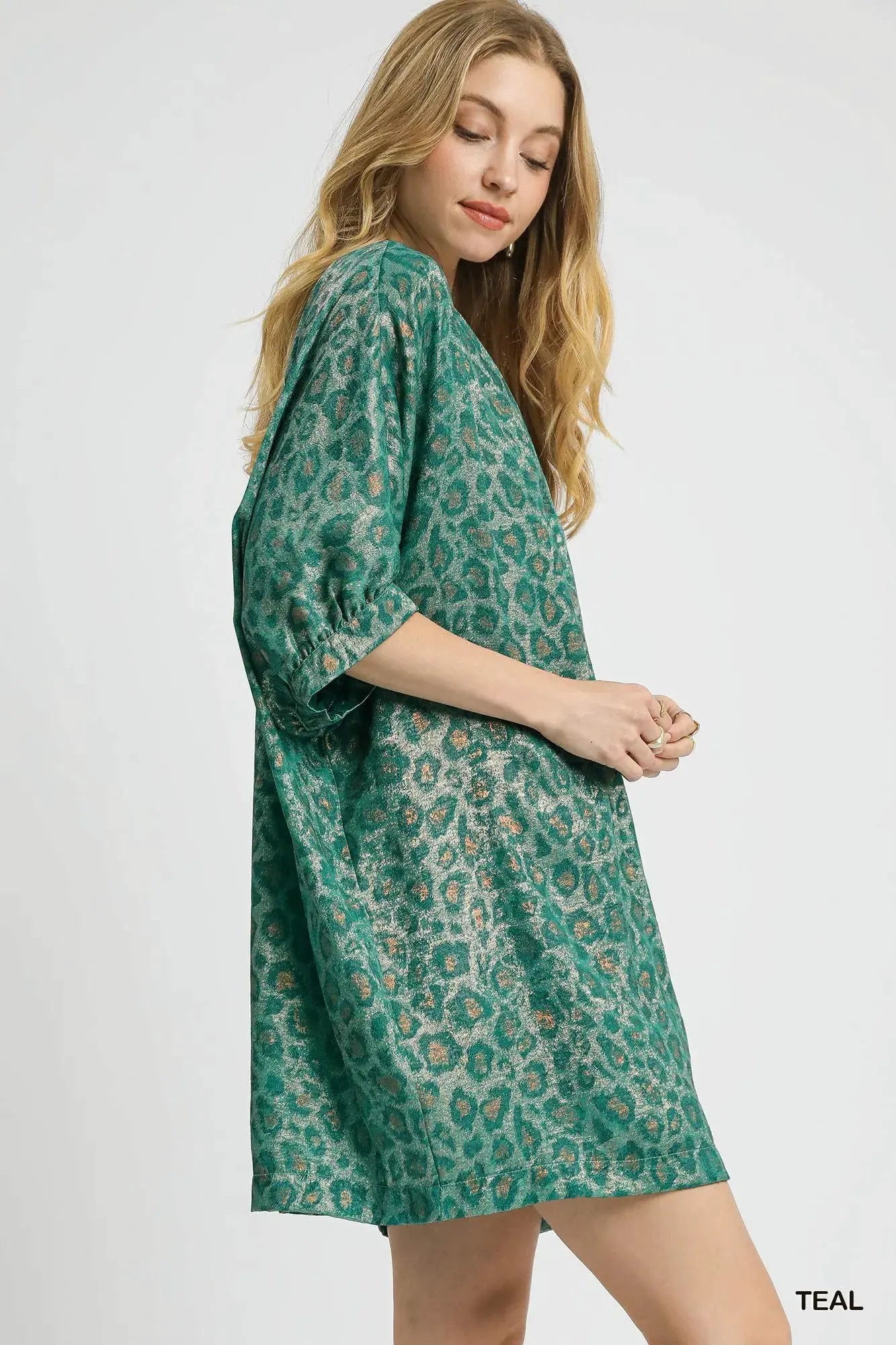 Umgee Metallic Leopard Print V-Neck Kimono Dress by Umgee