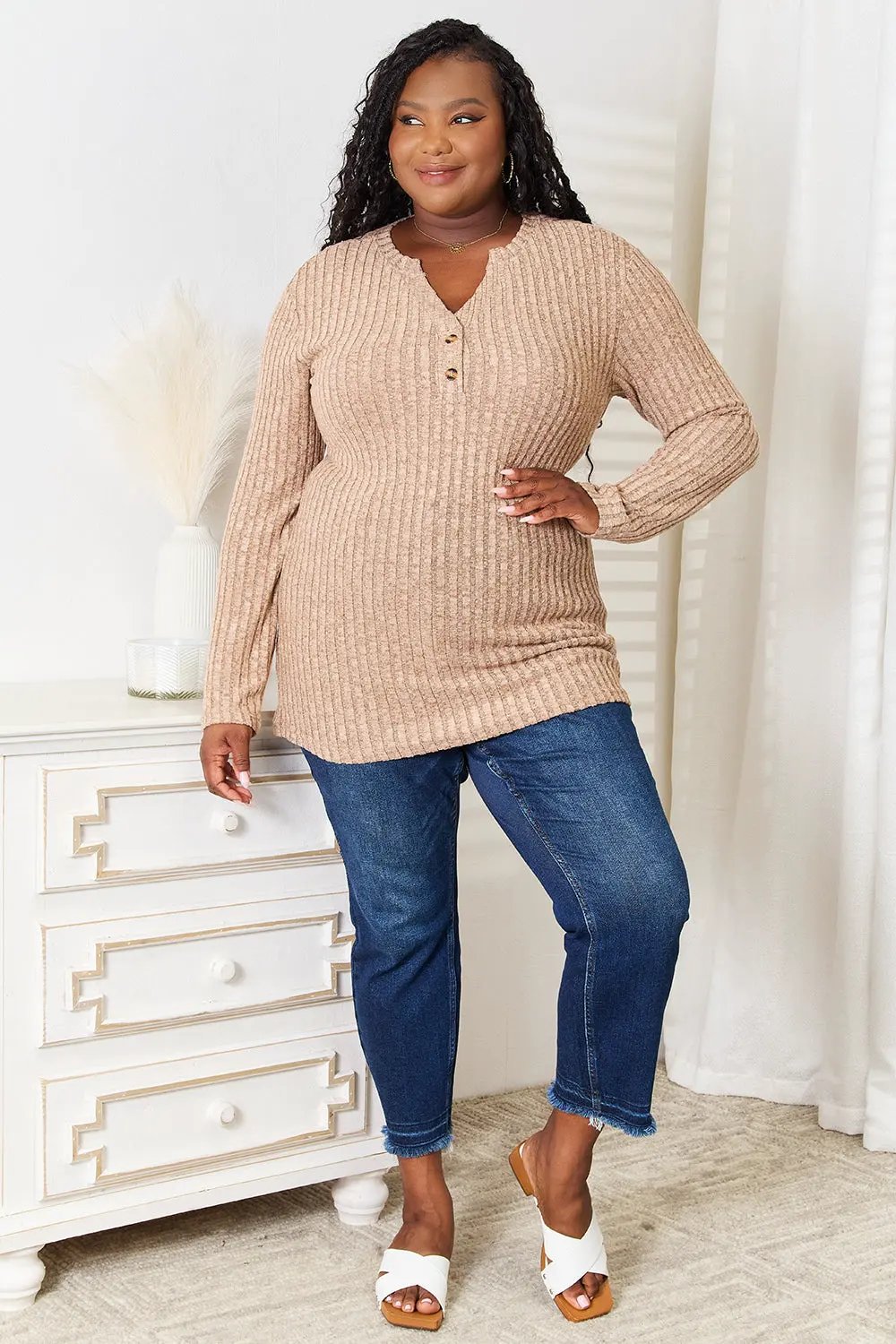 Double Take Notched Neck Ribbed Long Sleeve T-Shirt by Double Take