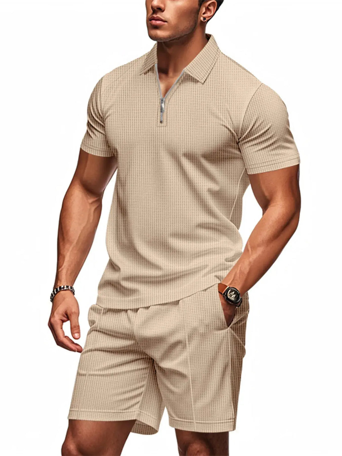 Men's Plus Size Quarter Zip Short Sleeve Top and Shorts Set by Trendsi