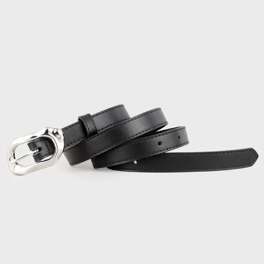Leather Belt with Silver Buckle by Trendsi