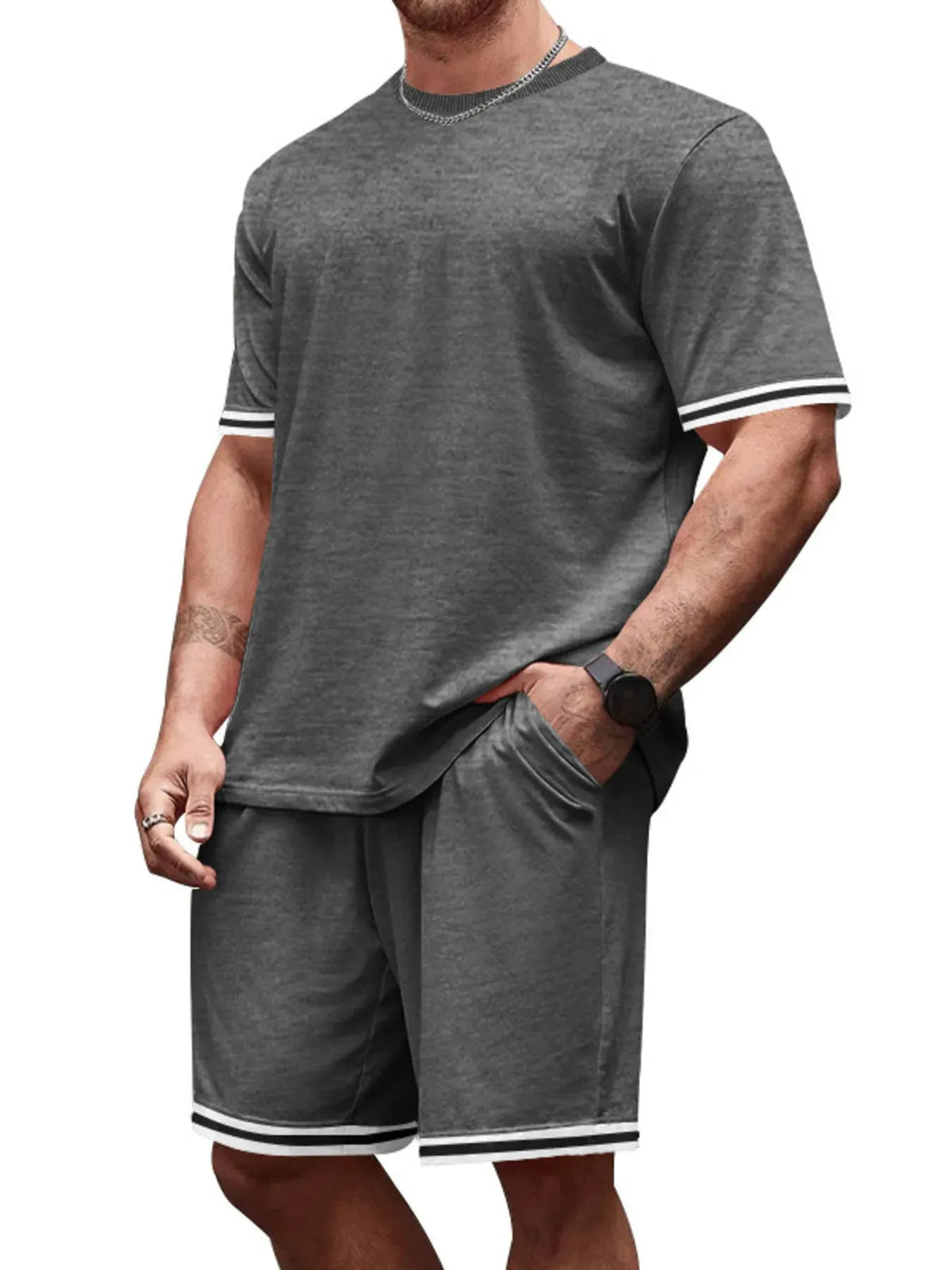 Men's Full Size Striped Short Sleeve Tee and Shorts Set Plus Size by Trendsi