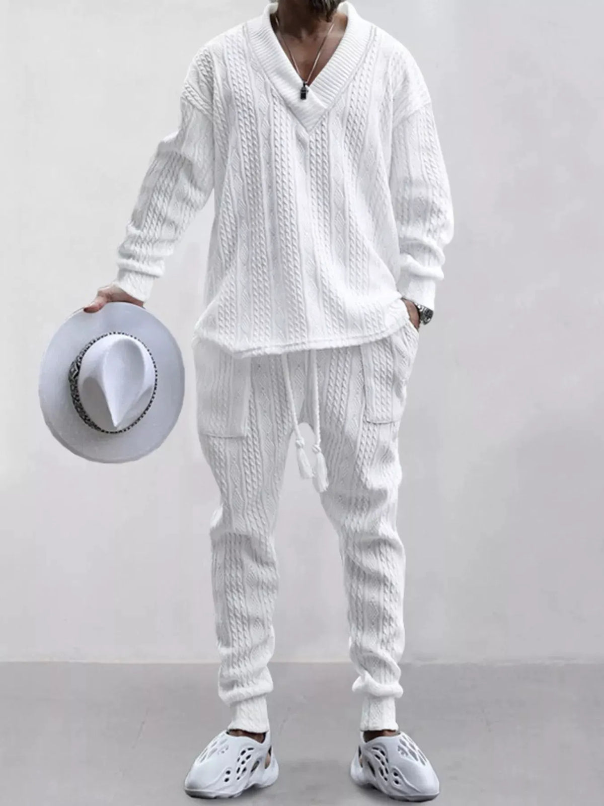 Men's Full Size Texture Knit Dropped Shoulder Top and Pants Set Plus Size by Trendsi