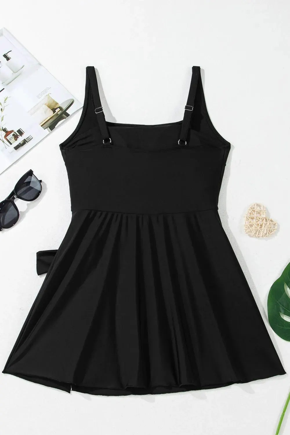 Side Tied Waist Square Neck Adjustable Straps A-line One Piece Swim Dress by Partner Label
