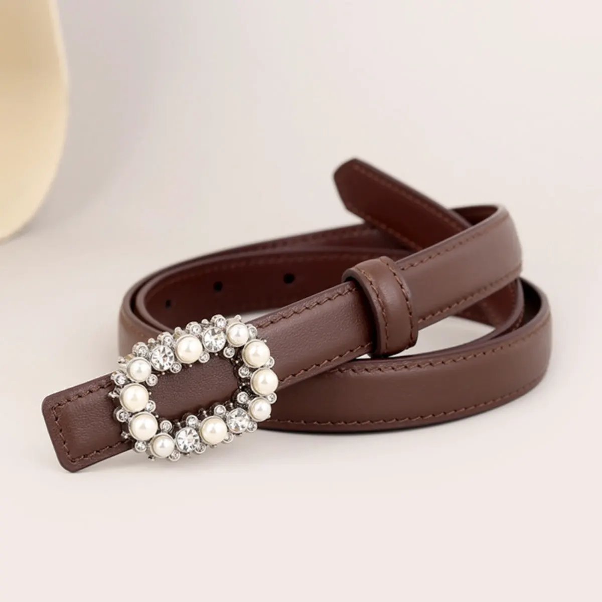 Pearl Buckle Leather Belt by Trendsi