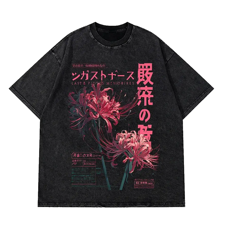 Anime Washed Spider Lily Graphic T Shirt Men Streetwear by Vimost Shop