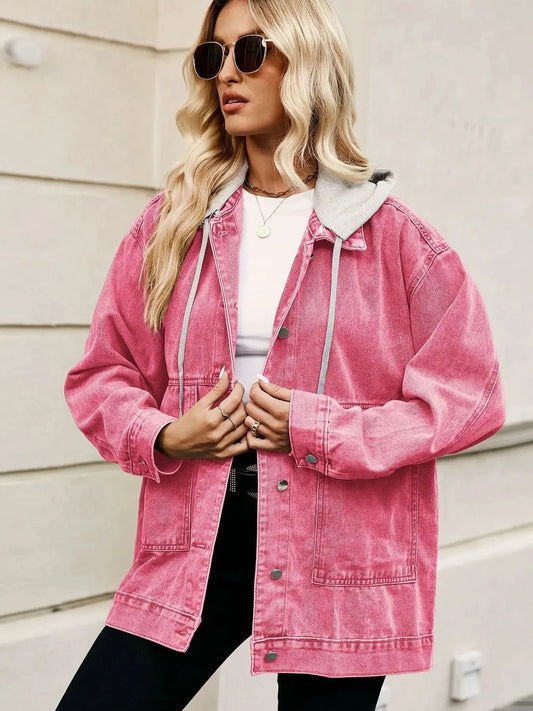 Oversized Button Up Denim Jacket with Hood by Partner Label