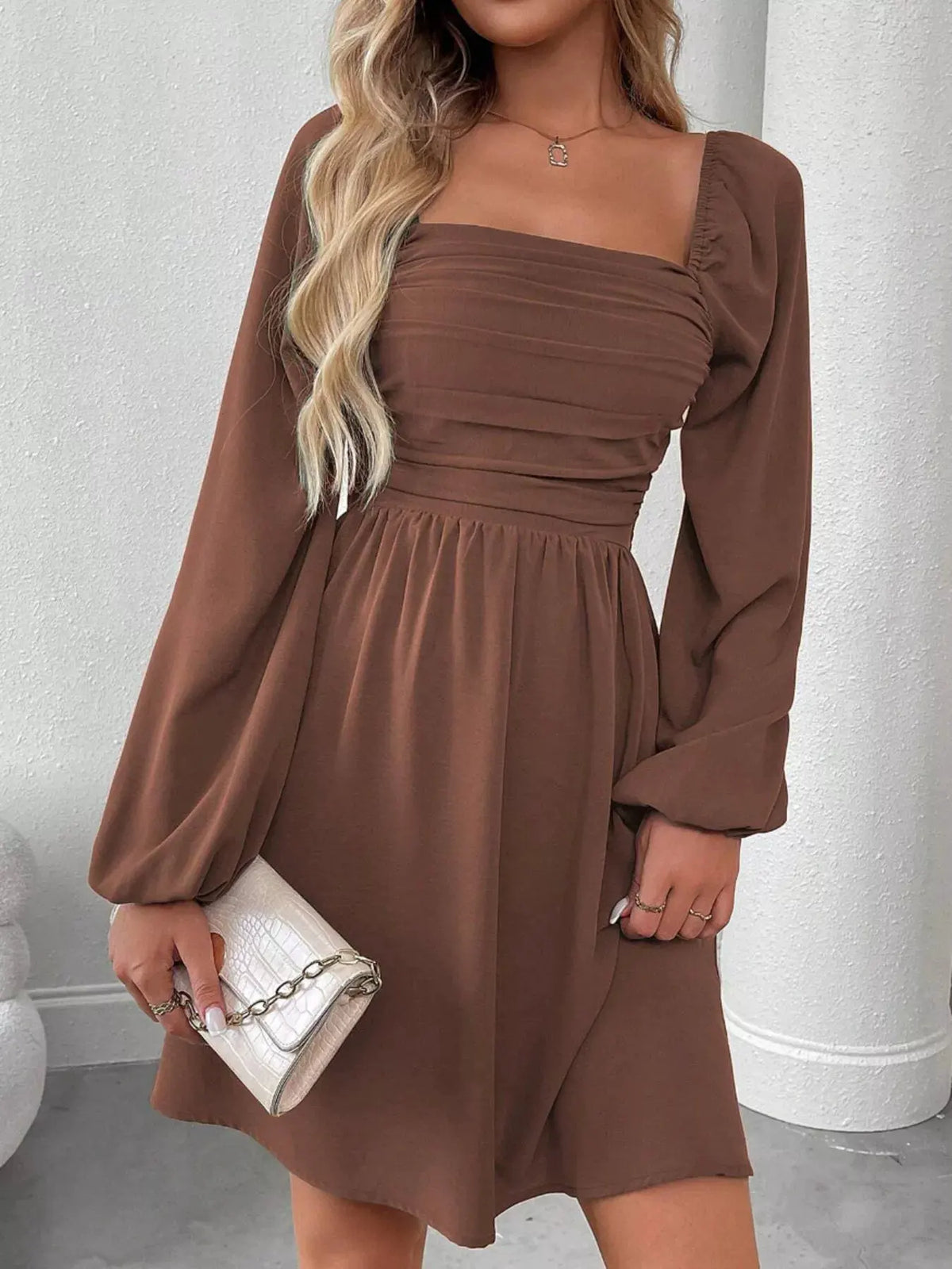 Ruched Square Neck Long Sleeve A-Line Dress by Partner Label