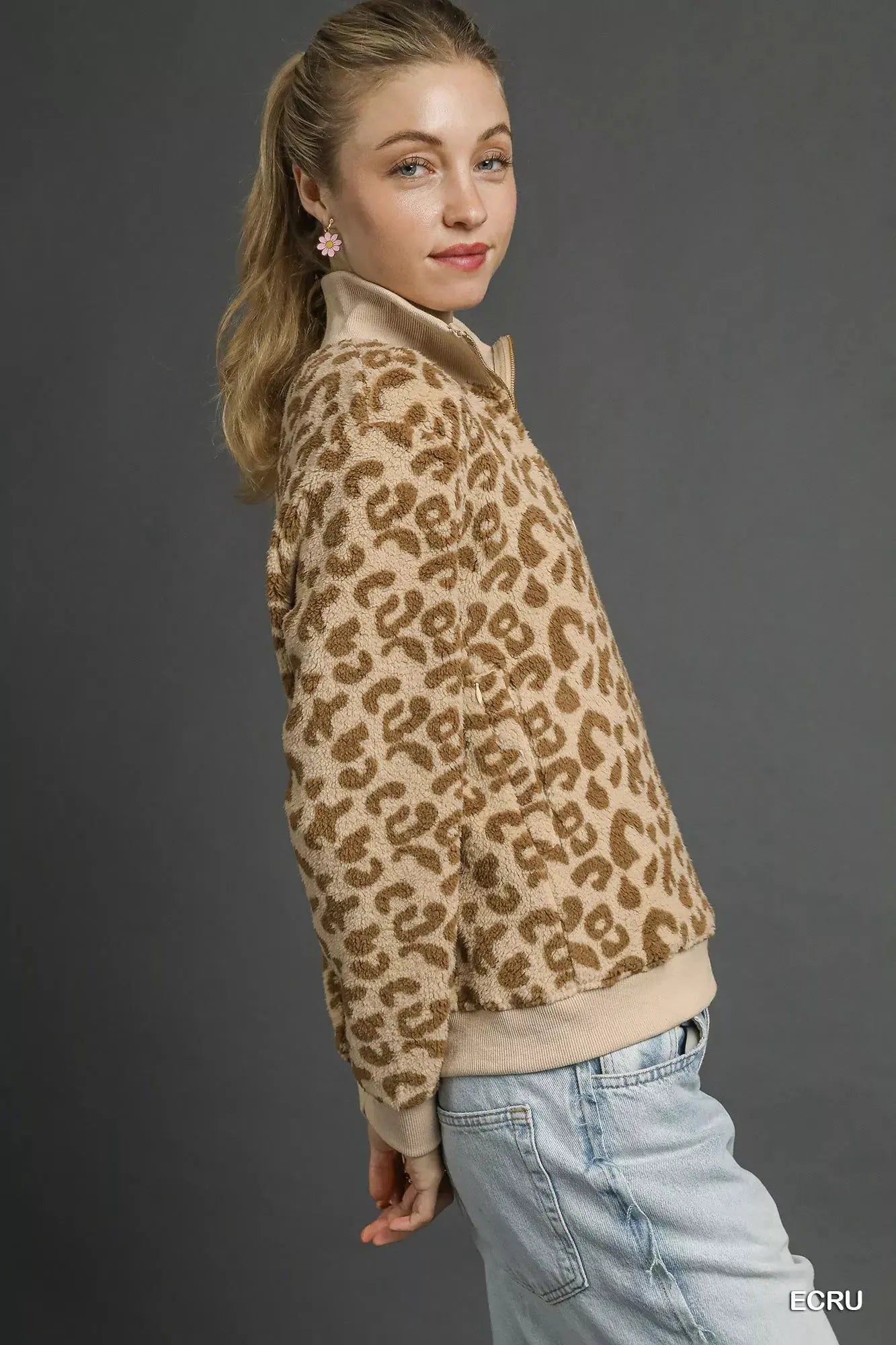 Umgee Leopard Print Quarter-Zip Sweatshirt by Umgee