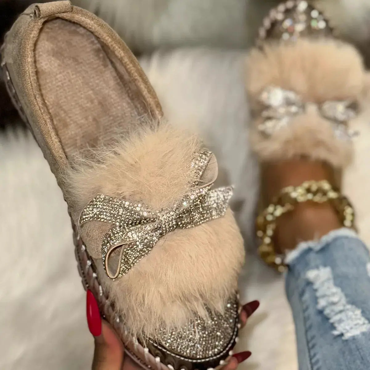 Fuzzy Bowknot Rhinestone Platform Loafers by Partner Label