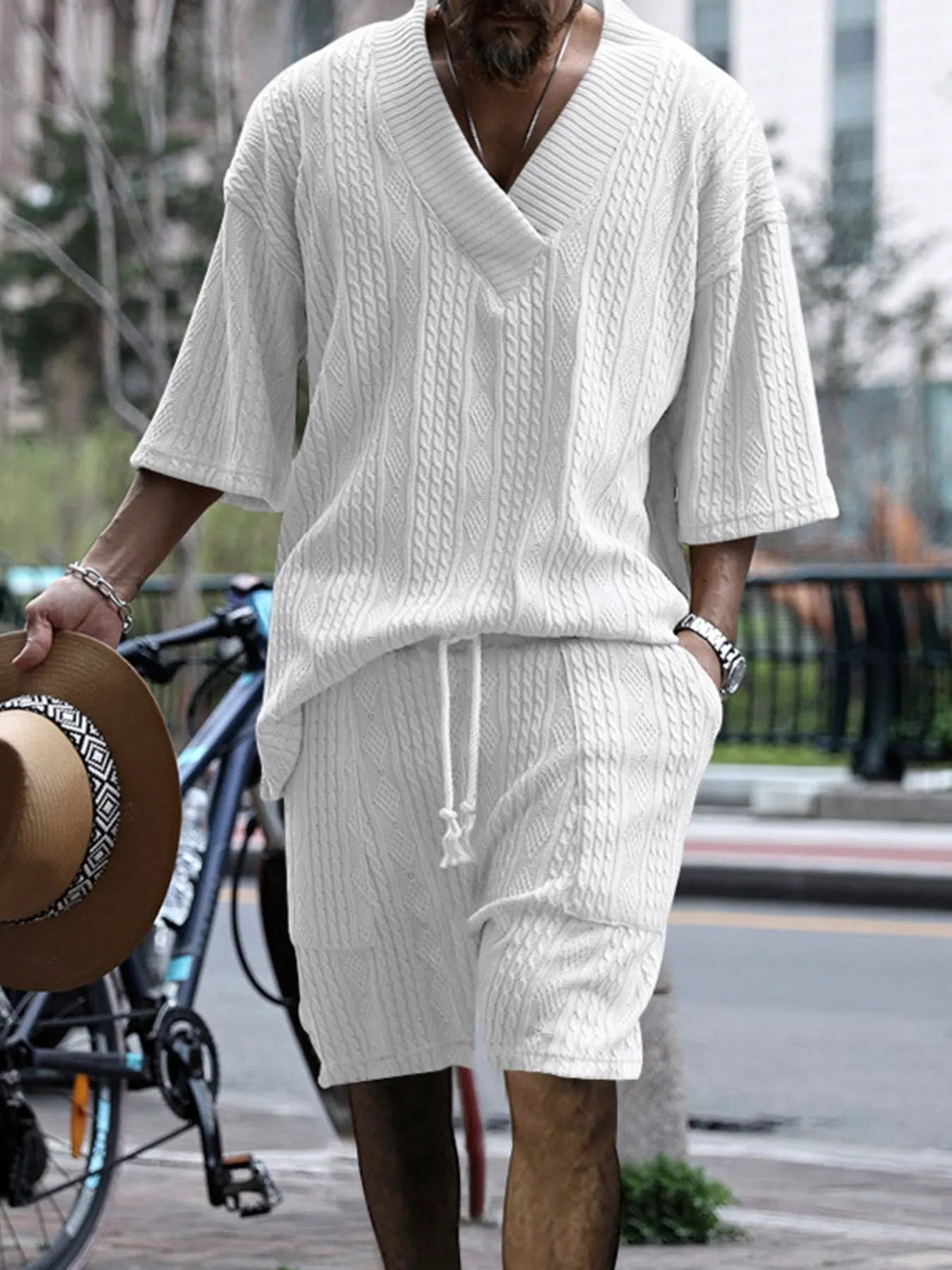 Men's Full Size Casual Knit V-Neck Short Sleeve Top and Shorts Set Plus Size by Trendsi