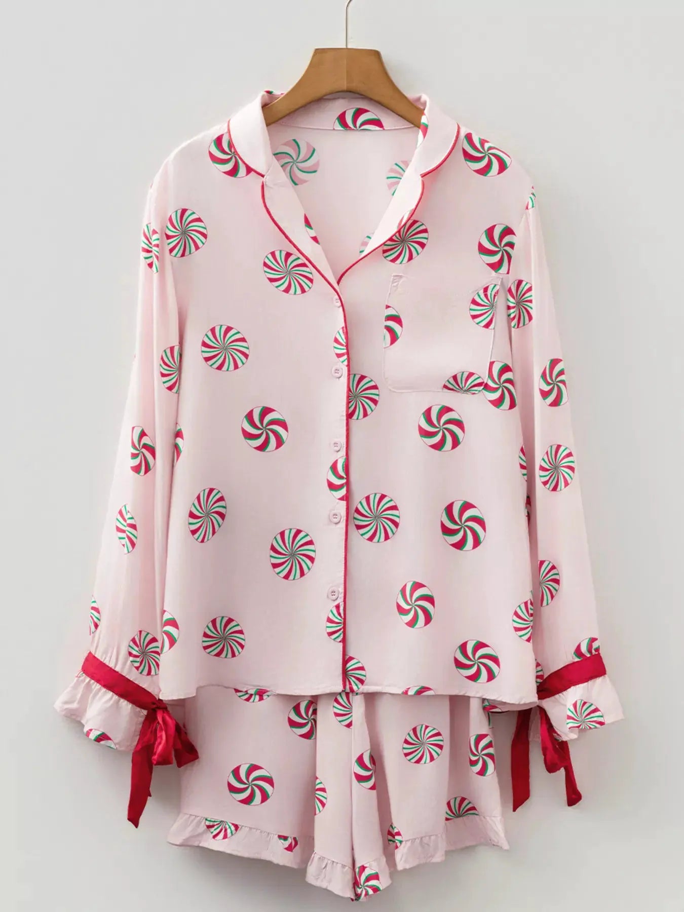 Christmas Candy Contrast Trim Bow Knot Top and Shorts 2pcs Pajama Set by Partner Label