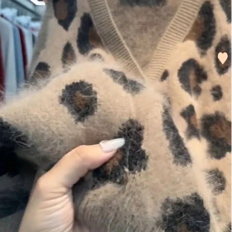 Leopard Print Thick Warm Coat Loose Lazy Knitted Cardigan Sweater by Maiden-Art