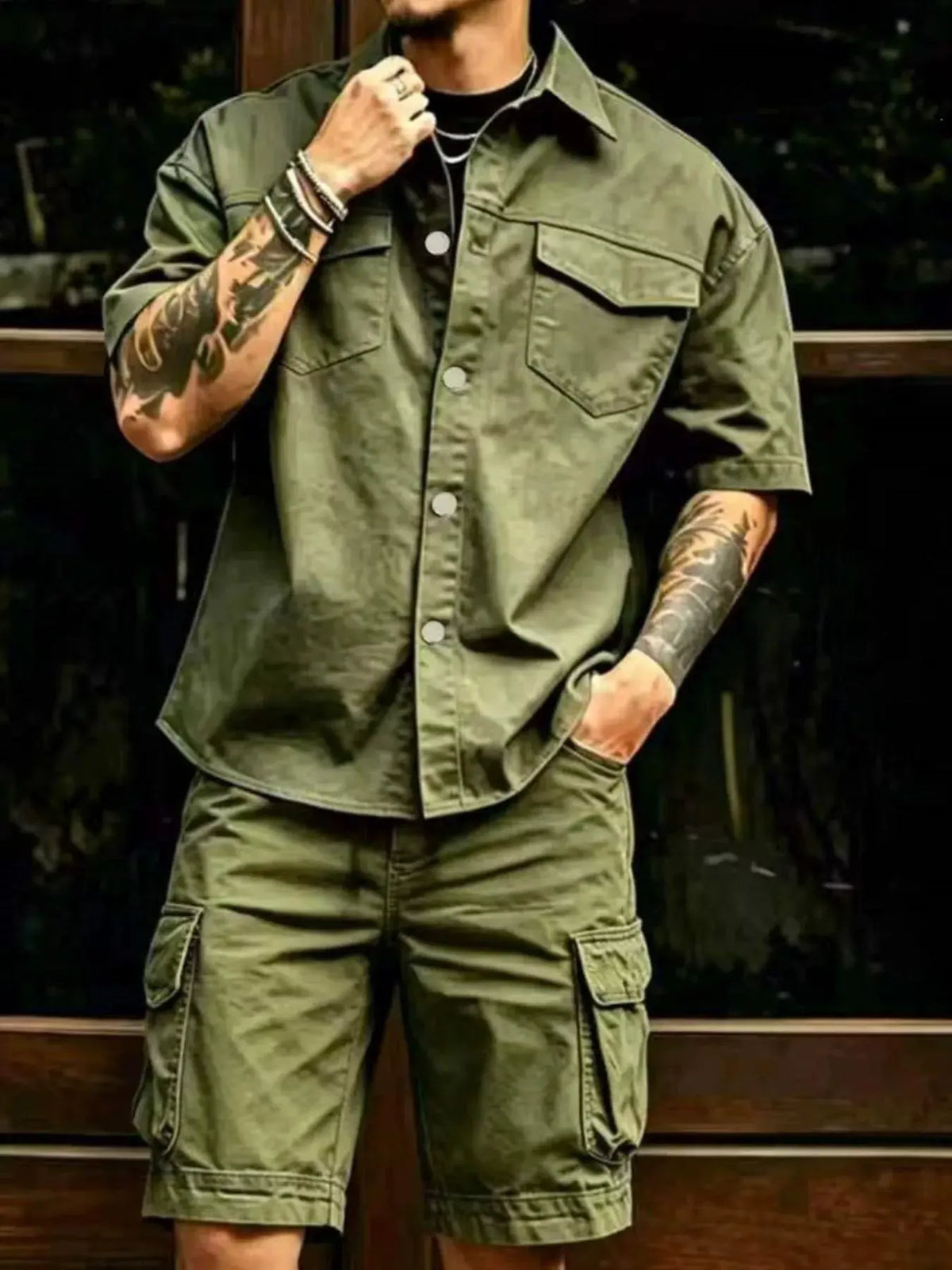Men's Full Size Cargo Shirt and Shorts Set Plus Size by Trendsi