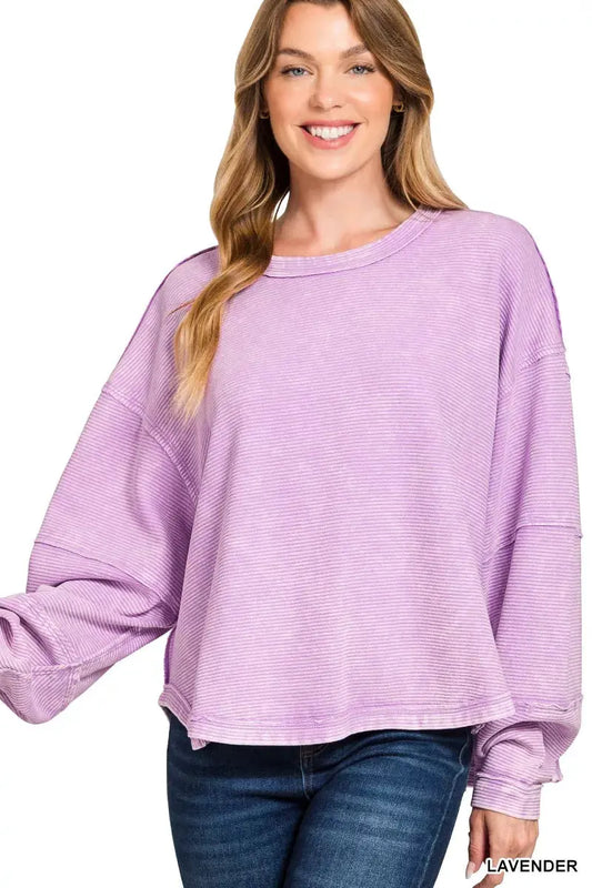 Zenana Acid Washed Exposed-Seam Sweatshirt by Zenana