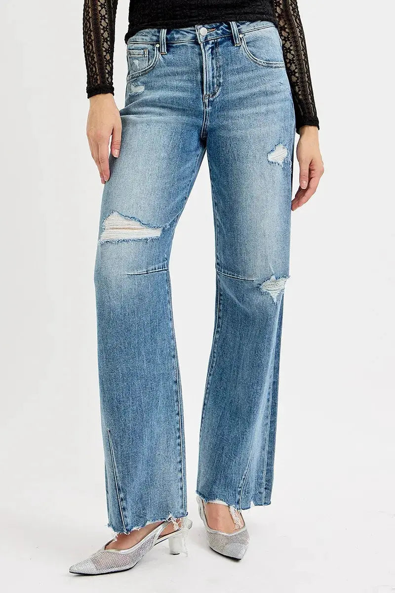 RISEN Full Size Mid Rise Fit Wide Baggy Leg Tie Washed Jeans Plus Size by RISEN