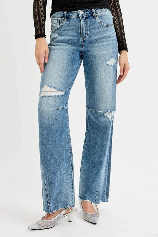 RISEN Full Size Mid Rise Fit Wide Baggy Leg Tie Washed Jeans Plus Size by RISEN