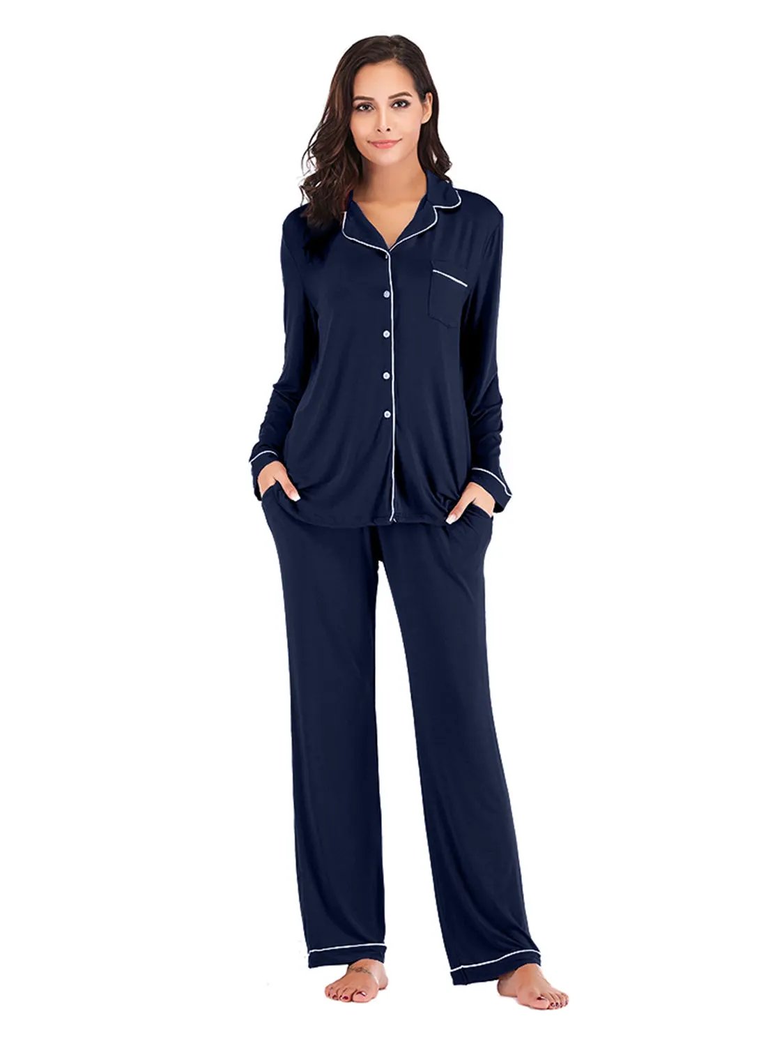 Collared Neck Long Sleeve Loungewear Set with Pockets by Partner Label
