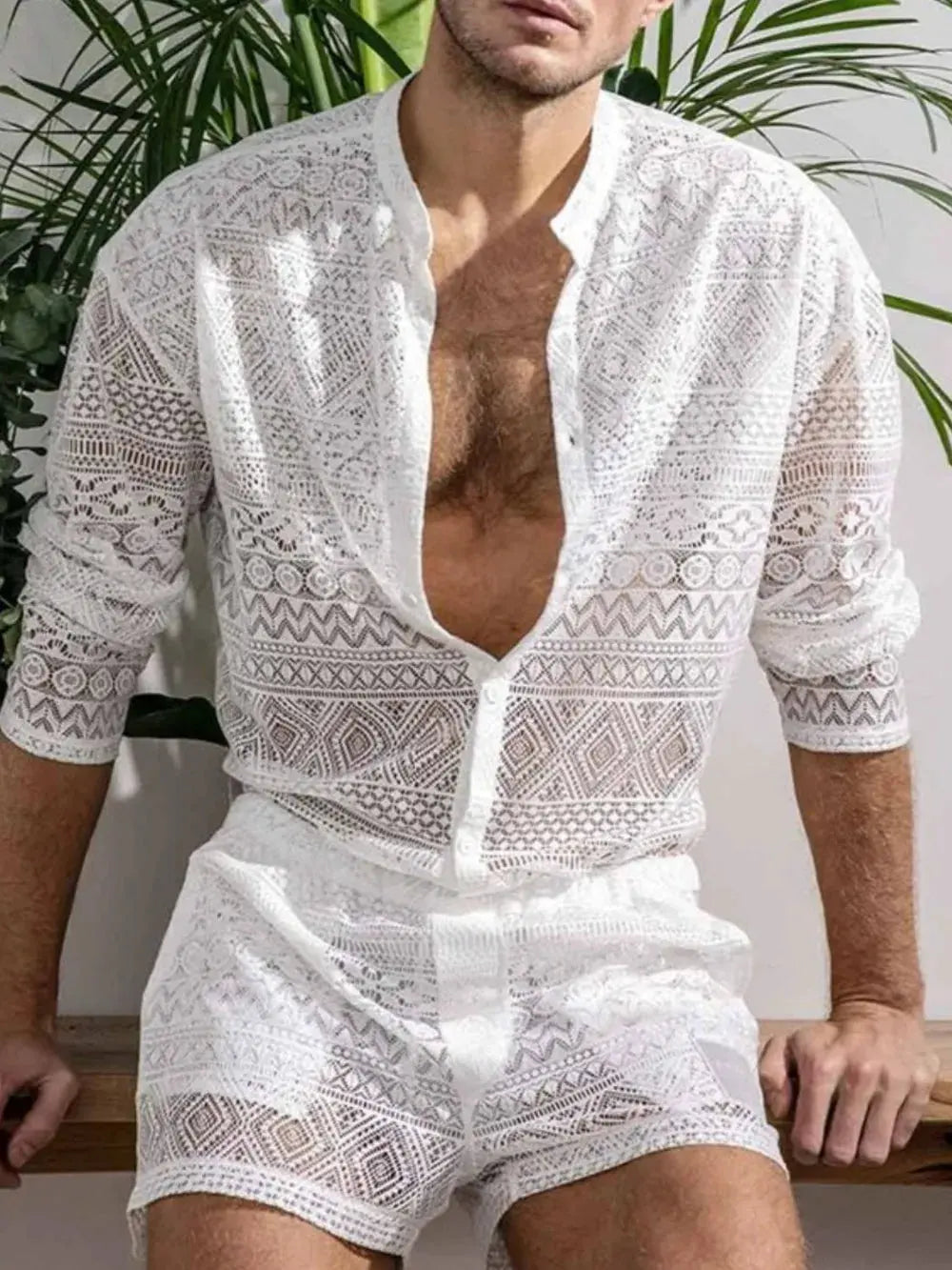 Men's Full Size Lace Button Down Top and Shorts Set Plus Size by Trendsi