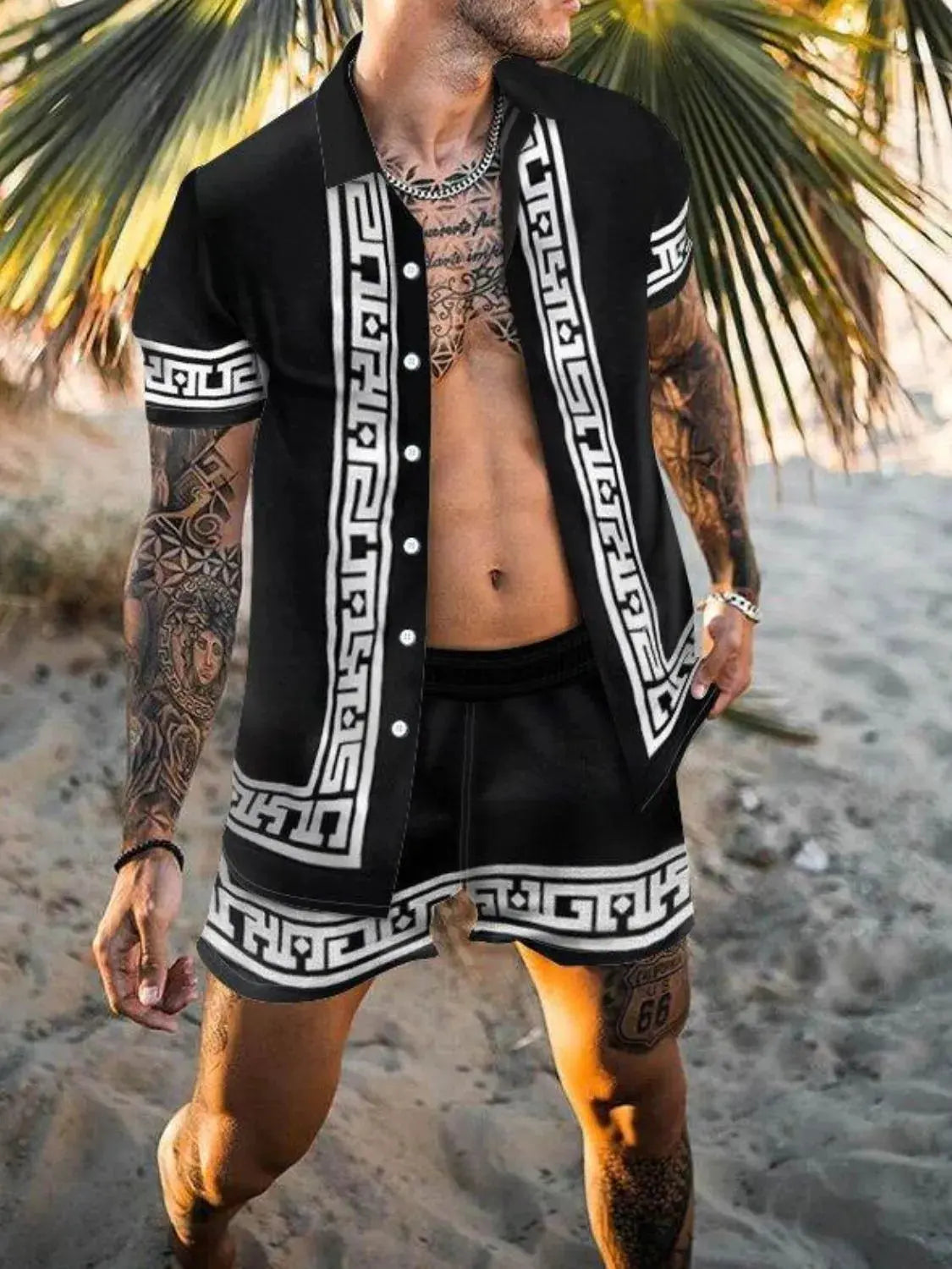 Men's Full Size Printed Button Up Top and Shorts Set Plus Size by Trendsi